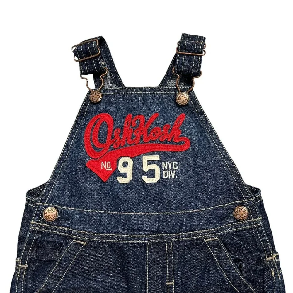 OshKosh 18m Denim Red Logo Appliqué Overalls